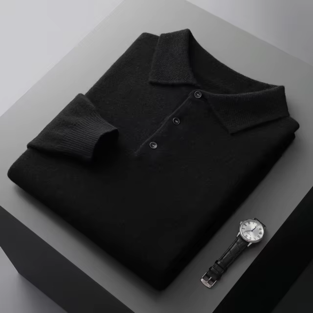 Pull homme polo – Laine mérinos – Coupe standard – Col boutonné – Finitions côtelées