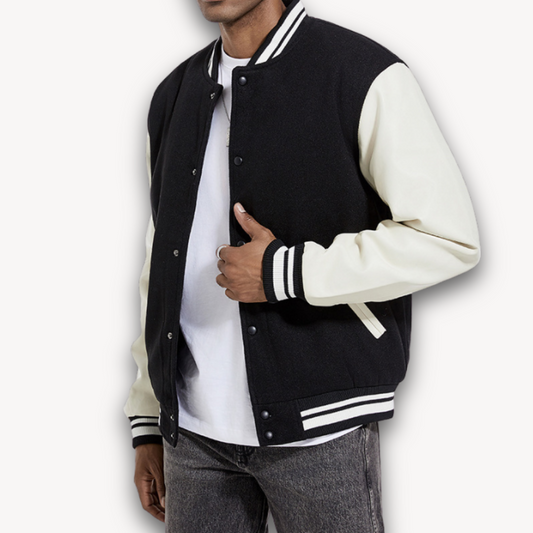 Veste universitaire homme – Coupe décontractée – Manches effet cuir – Boutons pression