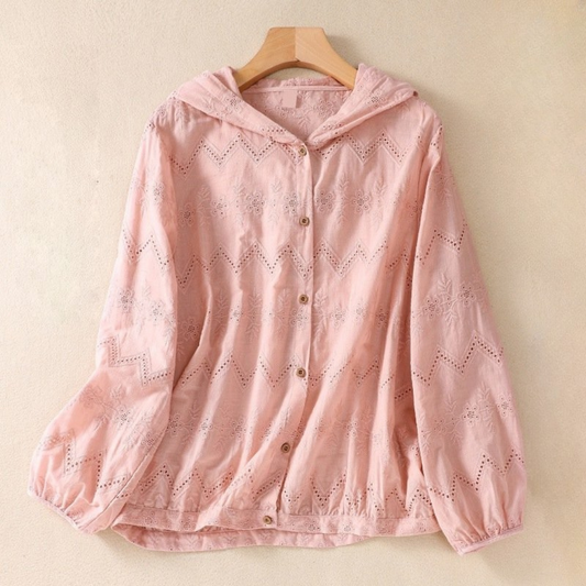 Sweat à capuche femme – Linnen léger – Coupe décontractée – Broderie – Boutons devant