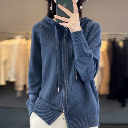Sweat à capuche femme zippé – Coupe décontractée – Maille douce – Côtes et torsades