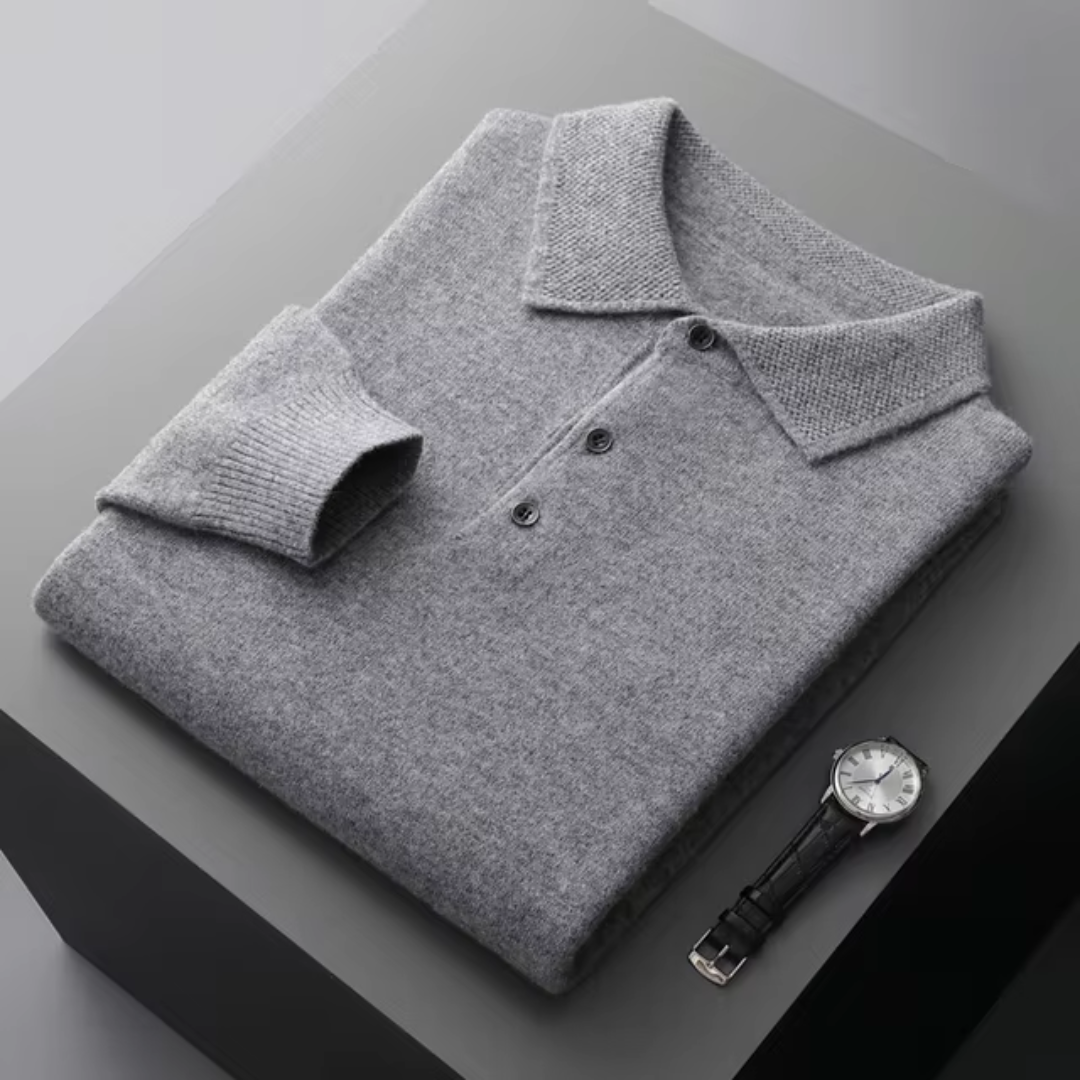 Pull homme polo – Laine mérinos – Coupe standard – Col boutonné – Finitions côtelées