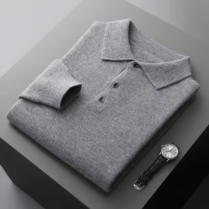 Pull homme polo – Laine mérinos – Coupe standard – Col boutonné – Finitions côtelées