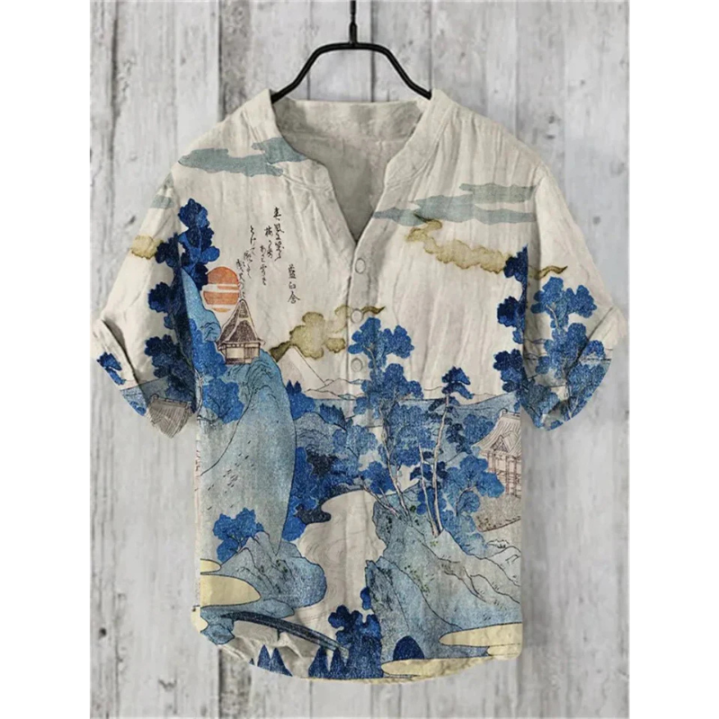 Chemise homme décontractée – Coupe ample – Manches courtes – Tissu respirant – Motif artistique