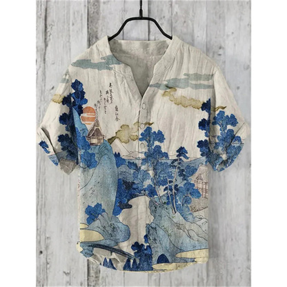 Chemise homme décontractée – Coupe ample – Manches courtes – Tissu respirant – Motif artistique