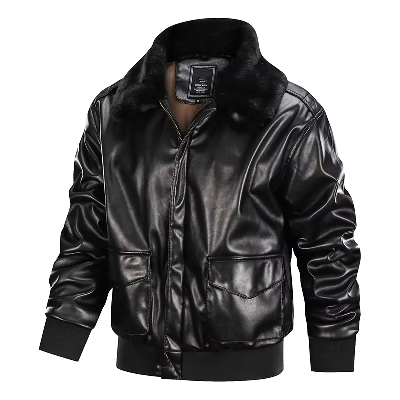 Blouson en cuir homme – Coupe régulière – Style vintage – Poignets côtelés – Zip frontal