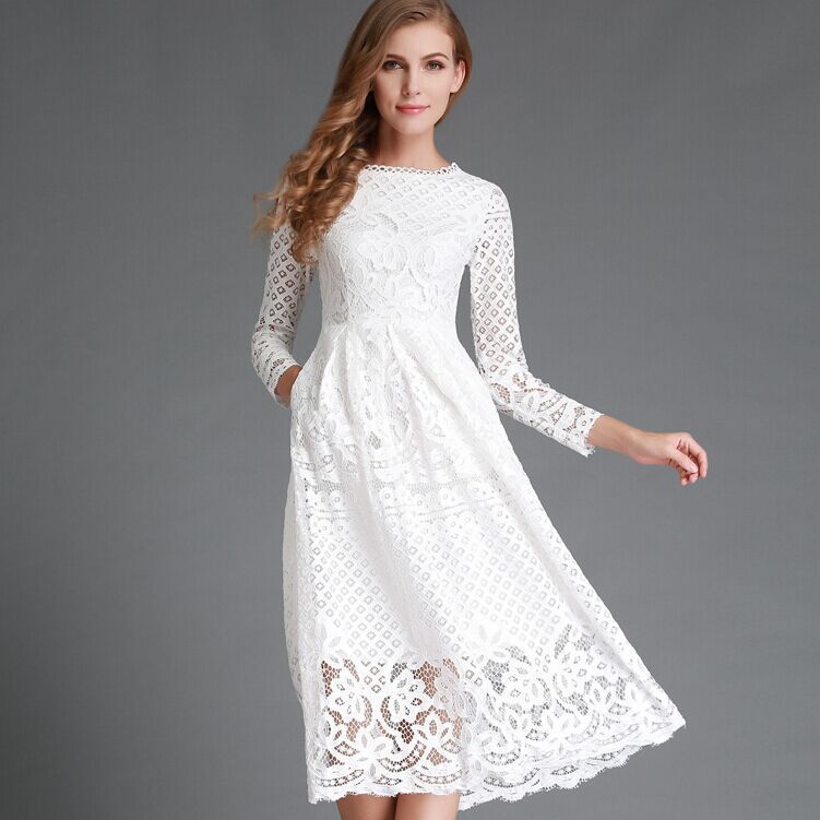 Robe midi femme – Dentelle élégante – Manches longues – Coupe évasée chic