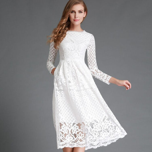 Robe midi femme – Dentelle élégante – Manches longues – Coupe évasée chic