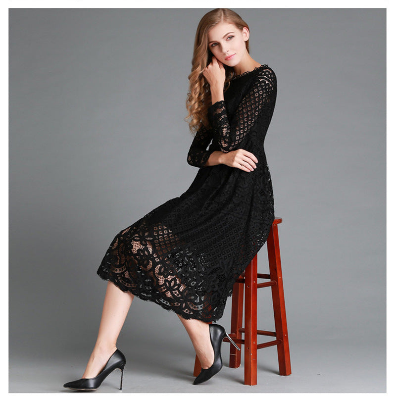 Robe midi femme – Dentelle élégante – Manches longues – Coupe évasée chic