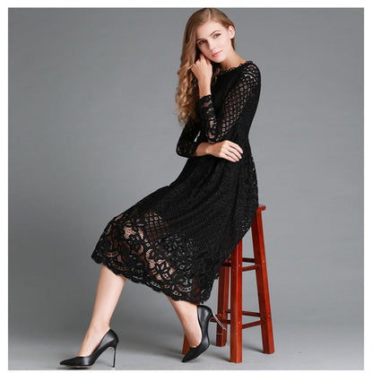 Robe midi femme – Dentelle élégante – Manches longues – Coupe évasée chic
