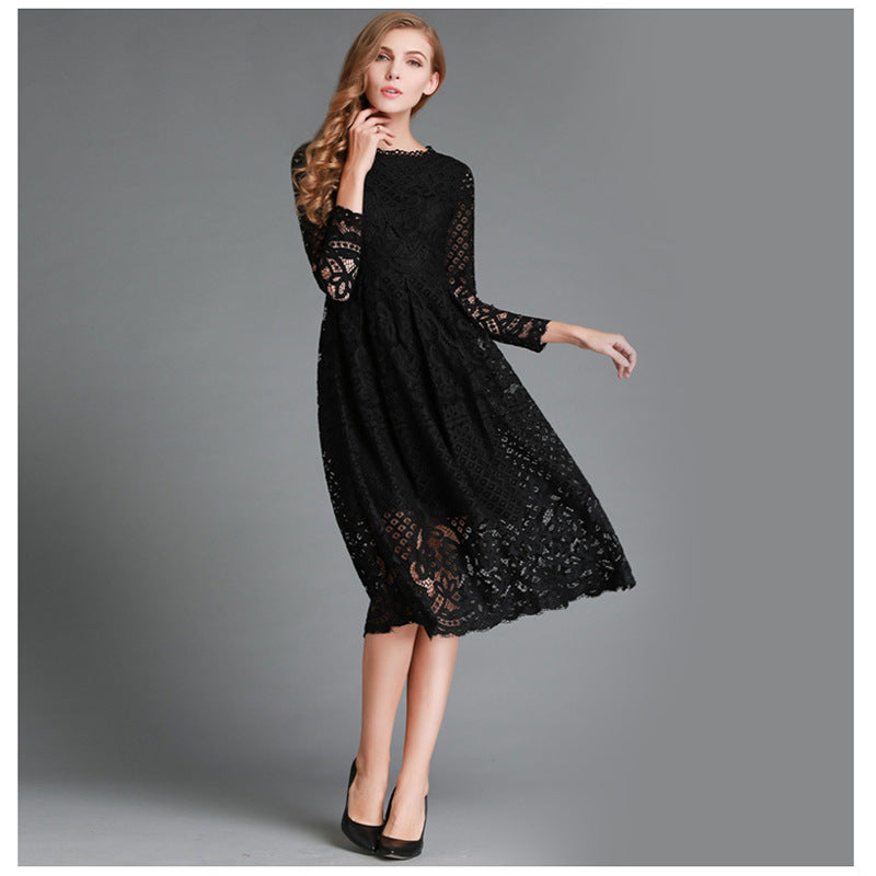Robe midi femme – Dentelle élégante – Manches longues – Coupe évasée chic