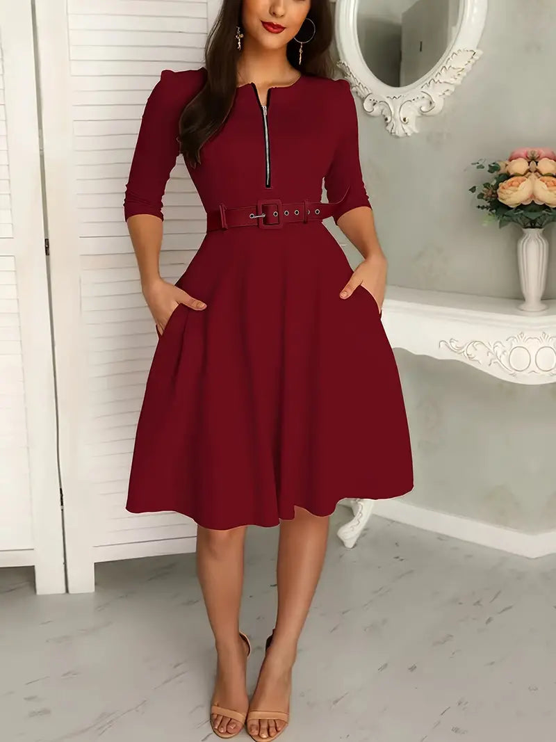 Robe Femme A-Ligne - Longueur Genou - Manches 3/4 - Col Rond avec Zip - Ceinture Ajustable