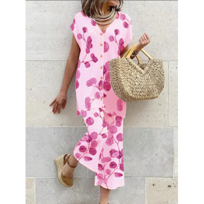 Robe Longue Femme - Fluide et Légère - Imprimé Botanique - Col V Boutonné - Manches Courtes