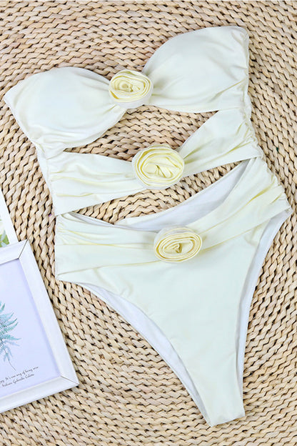 Maillot de bain une pièce femme – Bandeau – Coupe haute – Découpes – Appliqués floraux