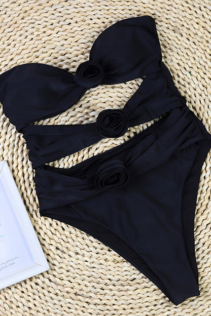 Maillot de bain une pièce femme – Bandeau – Coupe haute – Découpes – Appliqués floraux