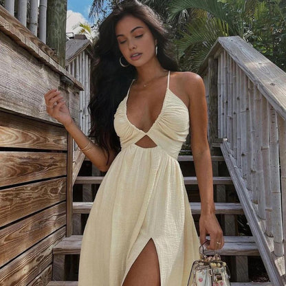 Robe Longue Femme – Dos Nu Élégant – Fendue – Tissu Léger et Fluide