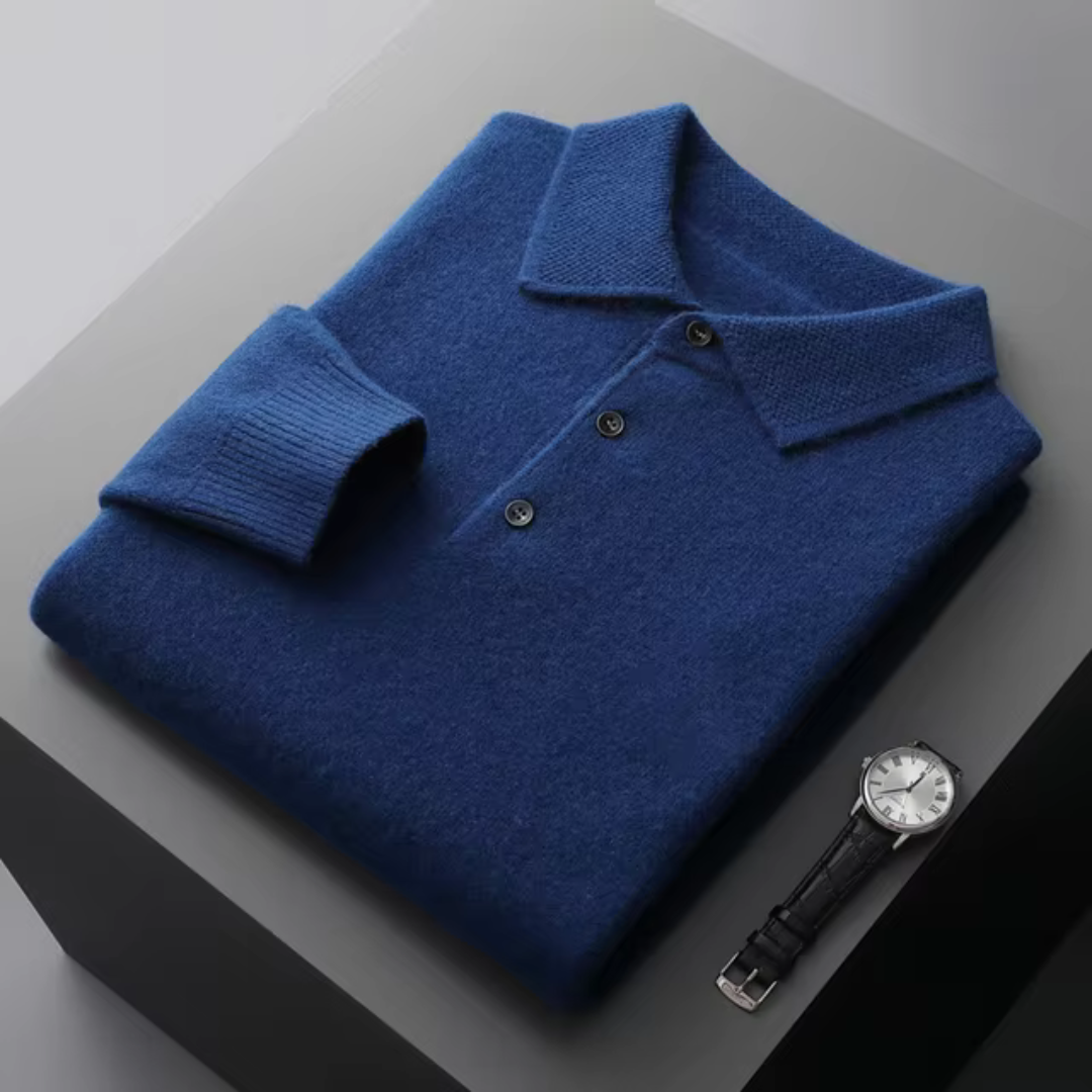 Pull homme polo – Laine mérinos – Coupe standard – Col boutonné – Finitions côtelées