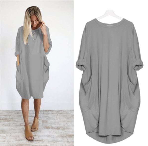 Robe midi femme – Coupe large – Tissu respirant – Col rond – Poches latérales