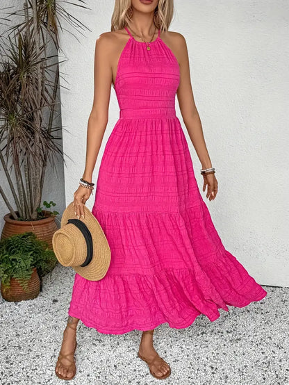 Robe Longue Femme - Dos Nu - Taille Cintrée - Jupe Évasée À Volants - Tissu Texturé