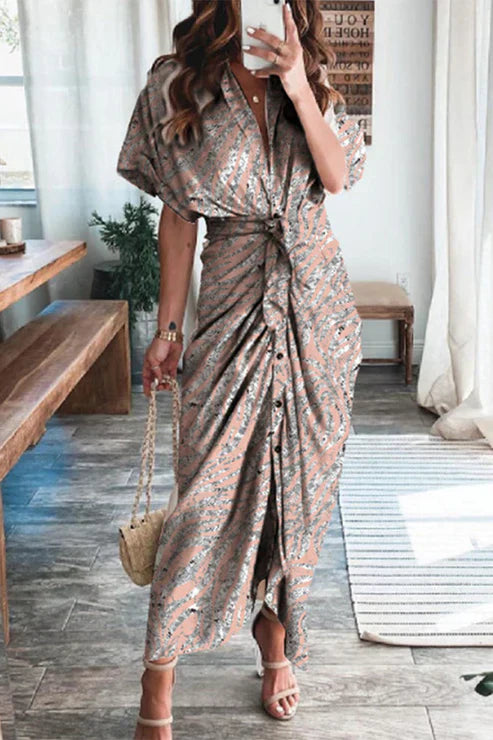 Robe Longue Femme – Style Bohème – Imprimé Patchwork – Manches Courtes – Taille Nouée