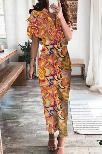 Robe Longue Femme – Style Bohème – Imprimé Patchwork – Manches Courtes – Taille Nouée