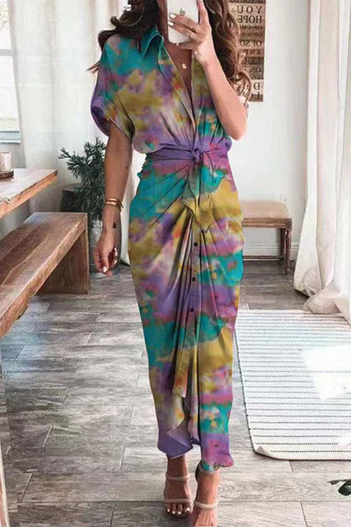 Robe Longue Femme – Style Bohème – Imprimé Patchwork – Manches Courtes – Taille Nouée
