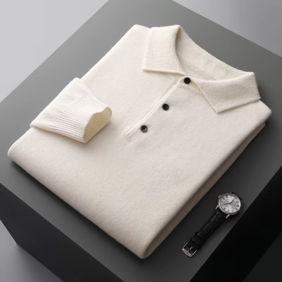Pull homme polo – Laine mérinos – Coupe standard – Col boutonné – Finitions côtelées