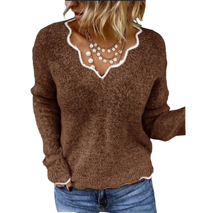 Pull femme – Coupe décontractée – Maille laine – Col festonné élégant