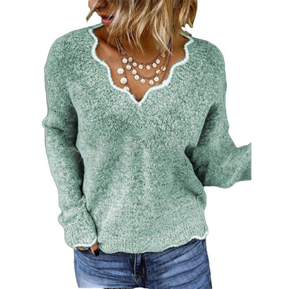 Pull femme – Coupe décontractée – Maille laine – Col festonné élégant