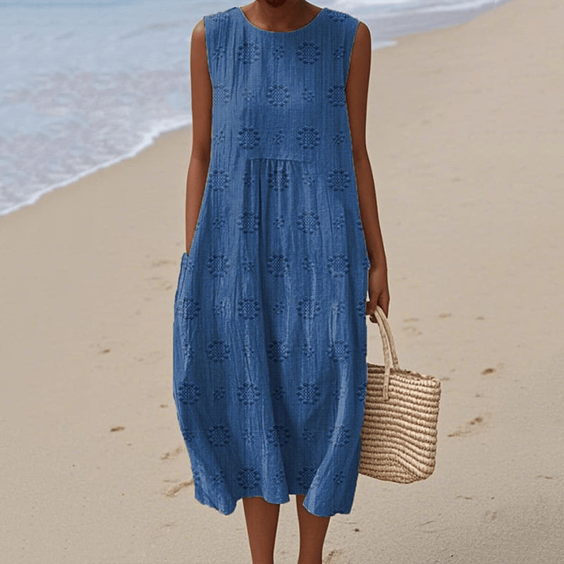 Robe midi sans manches femme – Coupe ample – Fibres naturelles – Imprimé floral – Poches