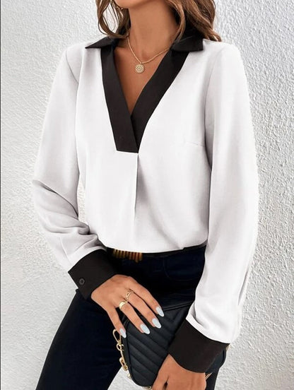 Blouse femme – Coupe fluide – Col V fini contrasté – Manches longues élégantes