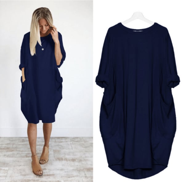 Robe midi femme – Coupe large – Tissu respirant – Col rond – Poches latérales