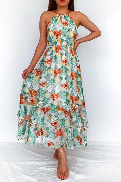 Robe Longue Femme - Col Halter Élégant - Taille Cintrée - Motif Fleuri Fluide