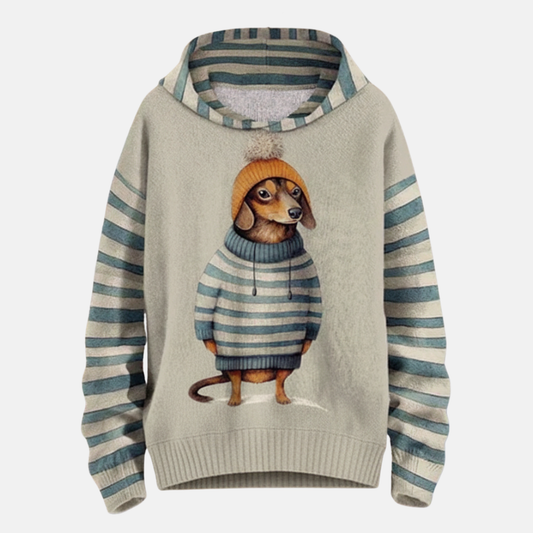 Sweat à capuche femme – Coupe décontractée – Toucher duveté – Motif chien cartoon – Manches rayées