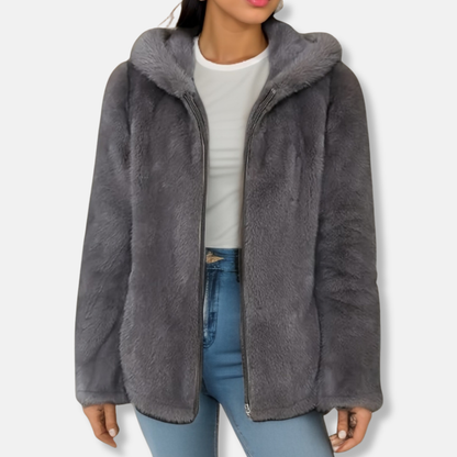 Veste zippée femme – Fausse fourrure – Doublée sherpa – Coupe ample – Capuche