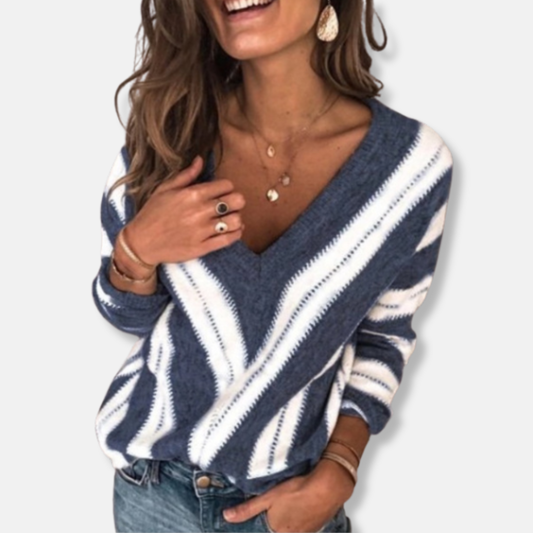 Anna Laine V-Neck Sweater | Sweater Décontracté Rayé Manches Longues