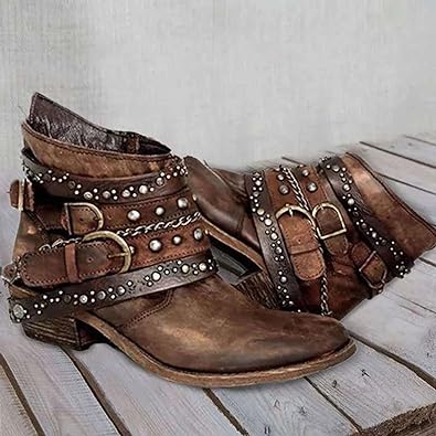 Bottines Femme – Cuir Vieilli – Brides Cloutées – Boucles – Talon Plat – Style Rock