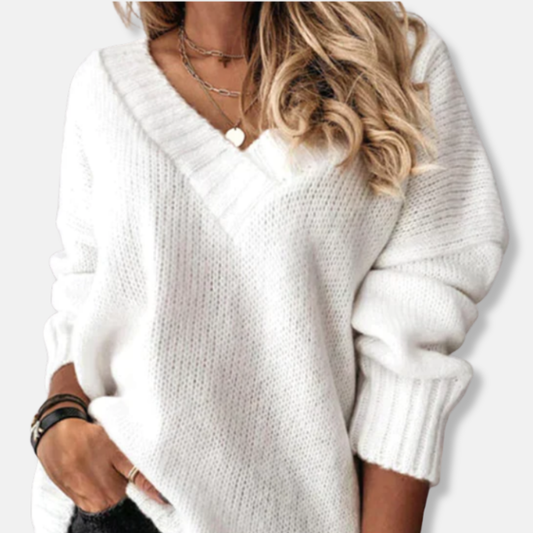 Sarah Laine Sweater Décontracté Col V | Sweater Côtelé Manches Longues