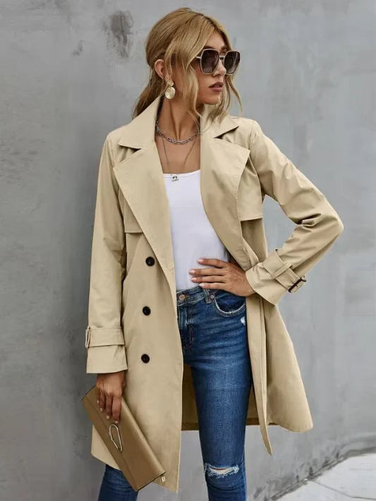 Manteau trench femme – Coupe classique – Double boutonnage – Col tailleur – Mi-long