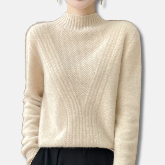 Pull femme – Laine – Coupe décontractée – Col montant – Maille côtelée