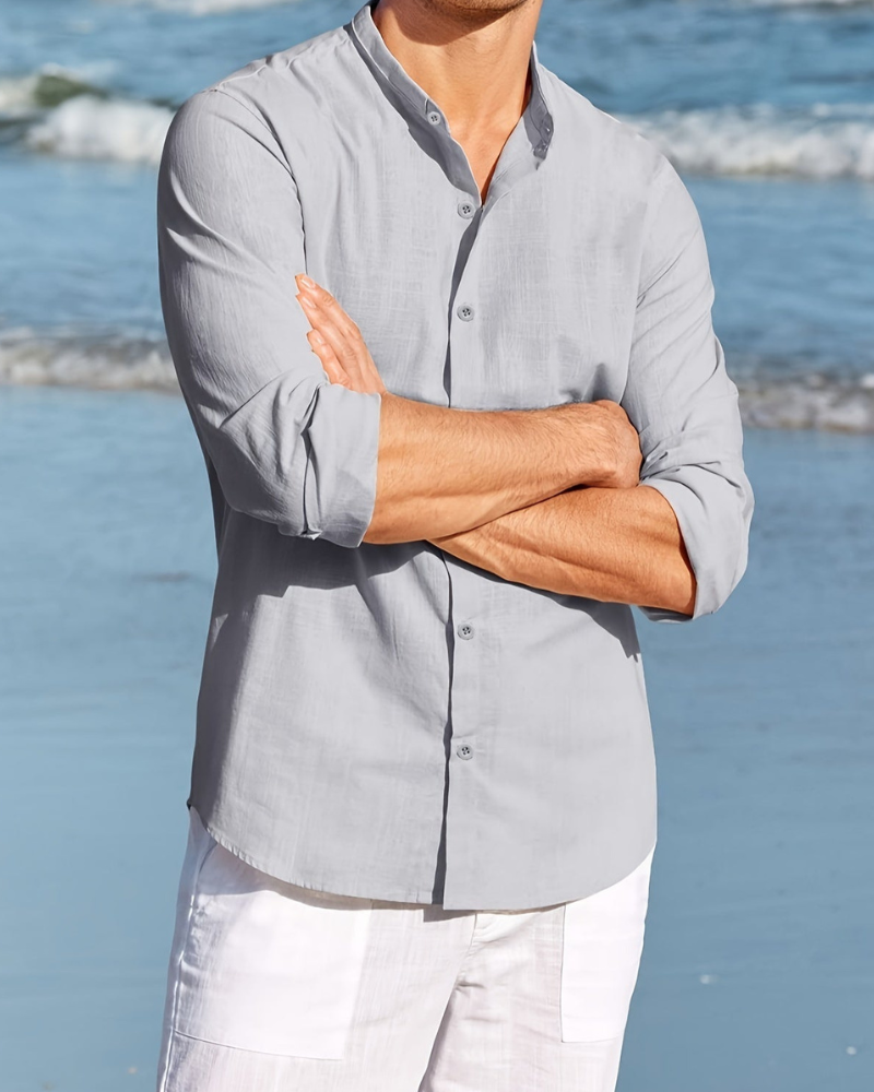 Chemise homme – Coupe décontractée – Tissu respirant – Col mao – Manches longues