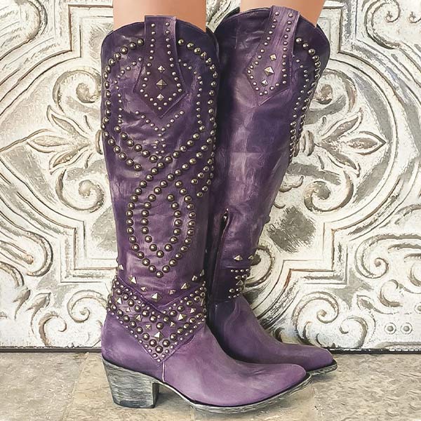Bottes femme hauteur genou – Cuir vieilli – Talon épais – Rivets – Fermeture zippée