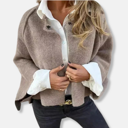 Femme Manteau Court - Maille Douce - Coupe Ample - Sans Col - Manches Longues