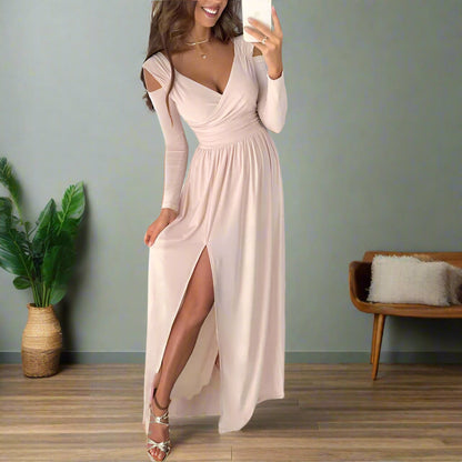 Robe Longue Femme - Décolleté Cache-Cœur - Manches Longues - Fendue Élégante