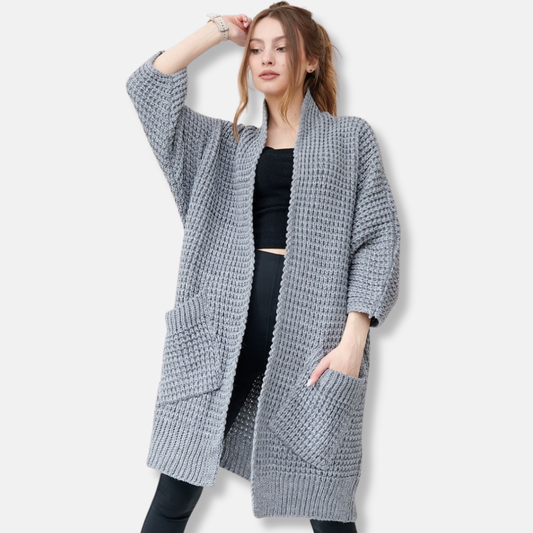 Manteau Femme en Maille – Coupe Oversize – Devant Ouvert – Poches Plaquées