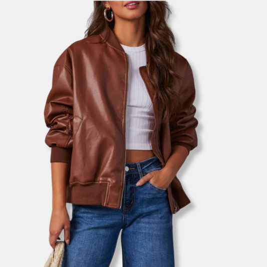 Femme Veste - Simili Cuir - Coupe Oversize - Col Montant Côtelé