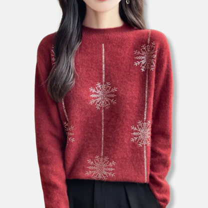 Femme Pull - Maille Pelucheuse - Coupe Décontractée - Col Montant Côtelé - Motif Flocon Scintillant