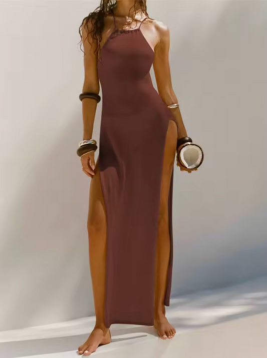Robe Maxi Femme – Sans Manches – Fendue – Col Halter – Coupe Ajustée Élégante
