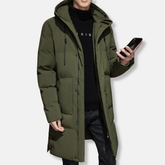 Manteau long homme – Capuche réglable – Matelassé chaud – Coupe régulière – Poignets côtelés