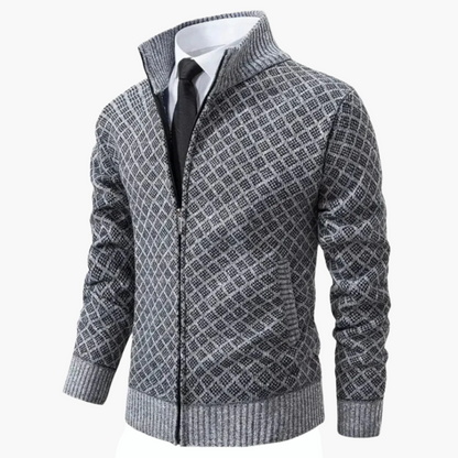 Veste zippée homme – Maille fine – Coupe ajustée – Motif losange – Col montant