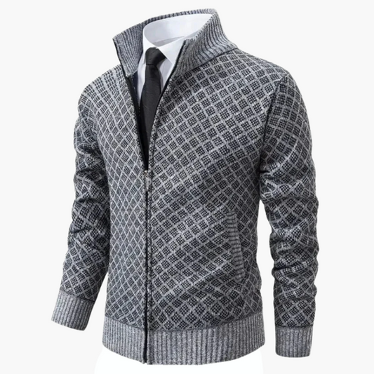 Veste zippée homme – Maille fine – Coupe ajustée – Motif losange – Col montant